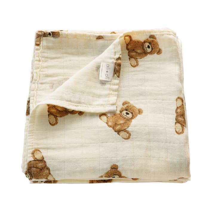 Bamboo Muslin Swaddle Blanket (Teddy Bear) - Bria Blair Creative