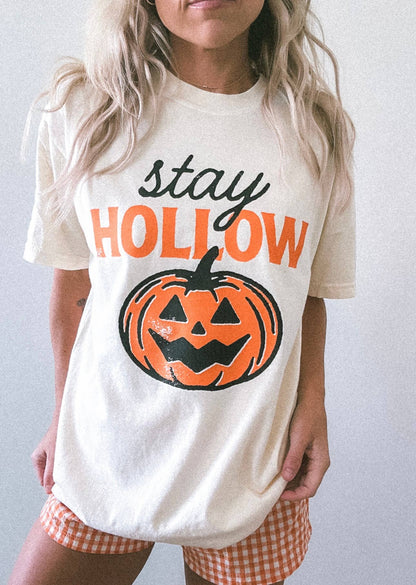 Stay Hollow Pumpkin Halloween Trendy Graphic Tee | Ivory: S