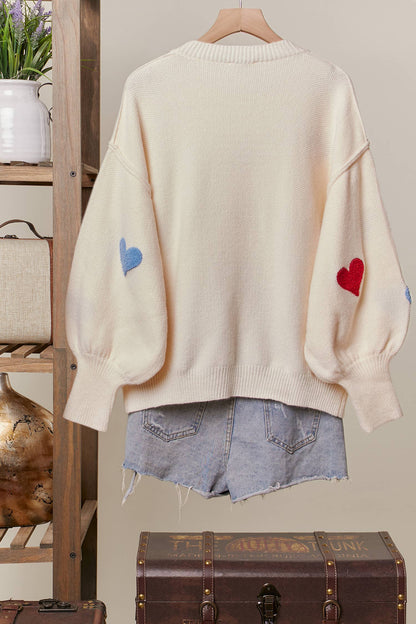 Heart Shaped Patterns Front Round Neck Sweater: Cream / L