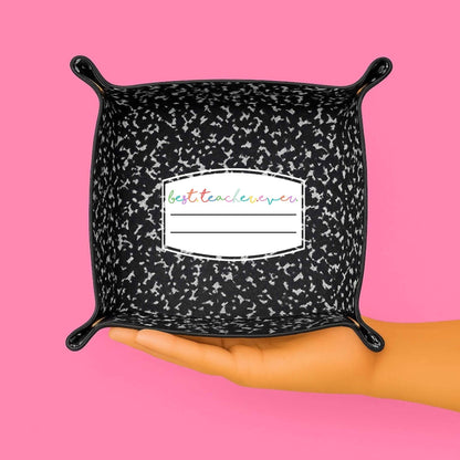 Best Teacher Ever Gift | Saffiano Leatherette catchall tray: Black Composition - Bria Blair Creative