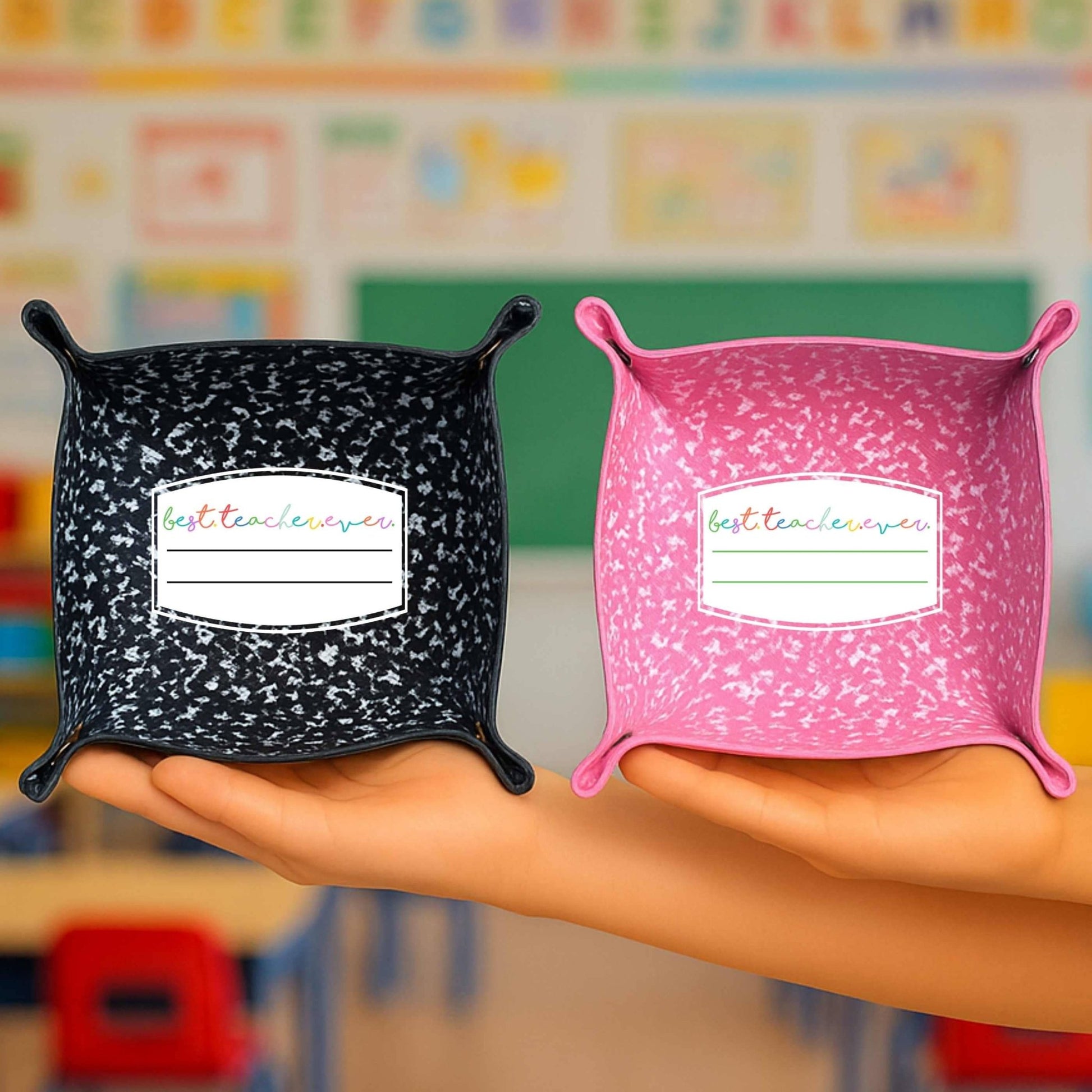 Best Teacher Ever Gift | Saffiano Leatherette catchall tray: Black Composition - Bria Blair Creative