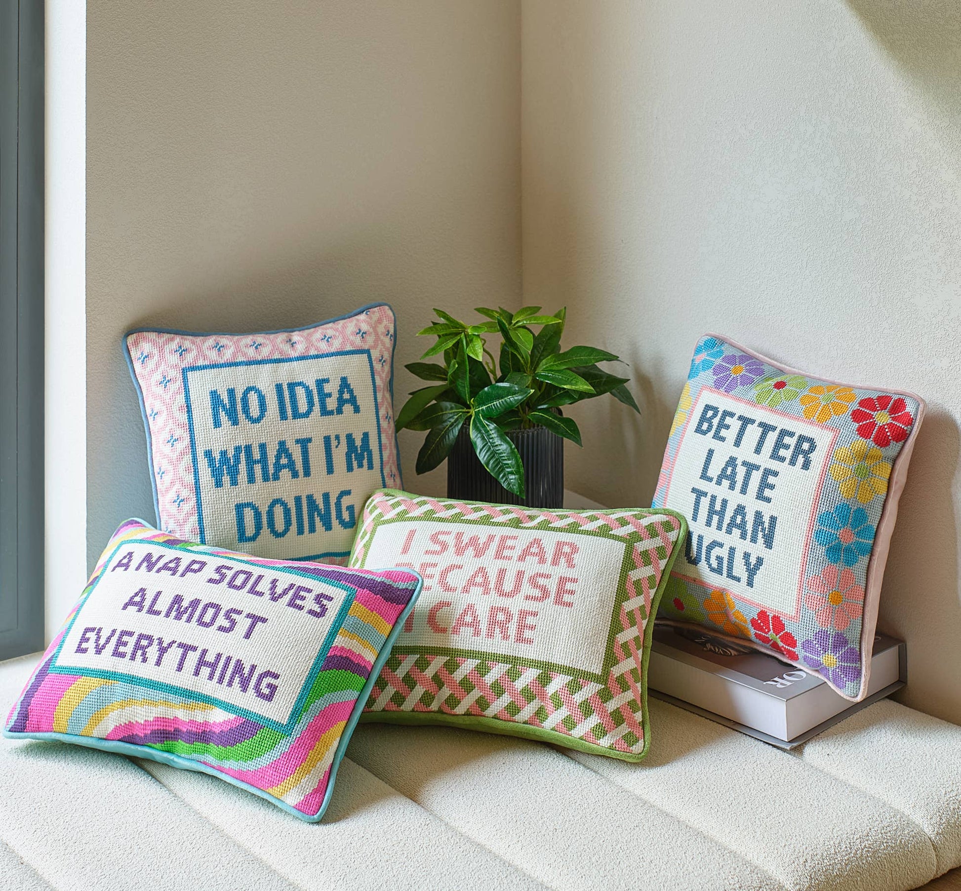 Better Late Than Ugly Embroidered Pillow - Bria Blair Creative