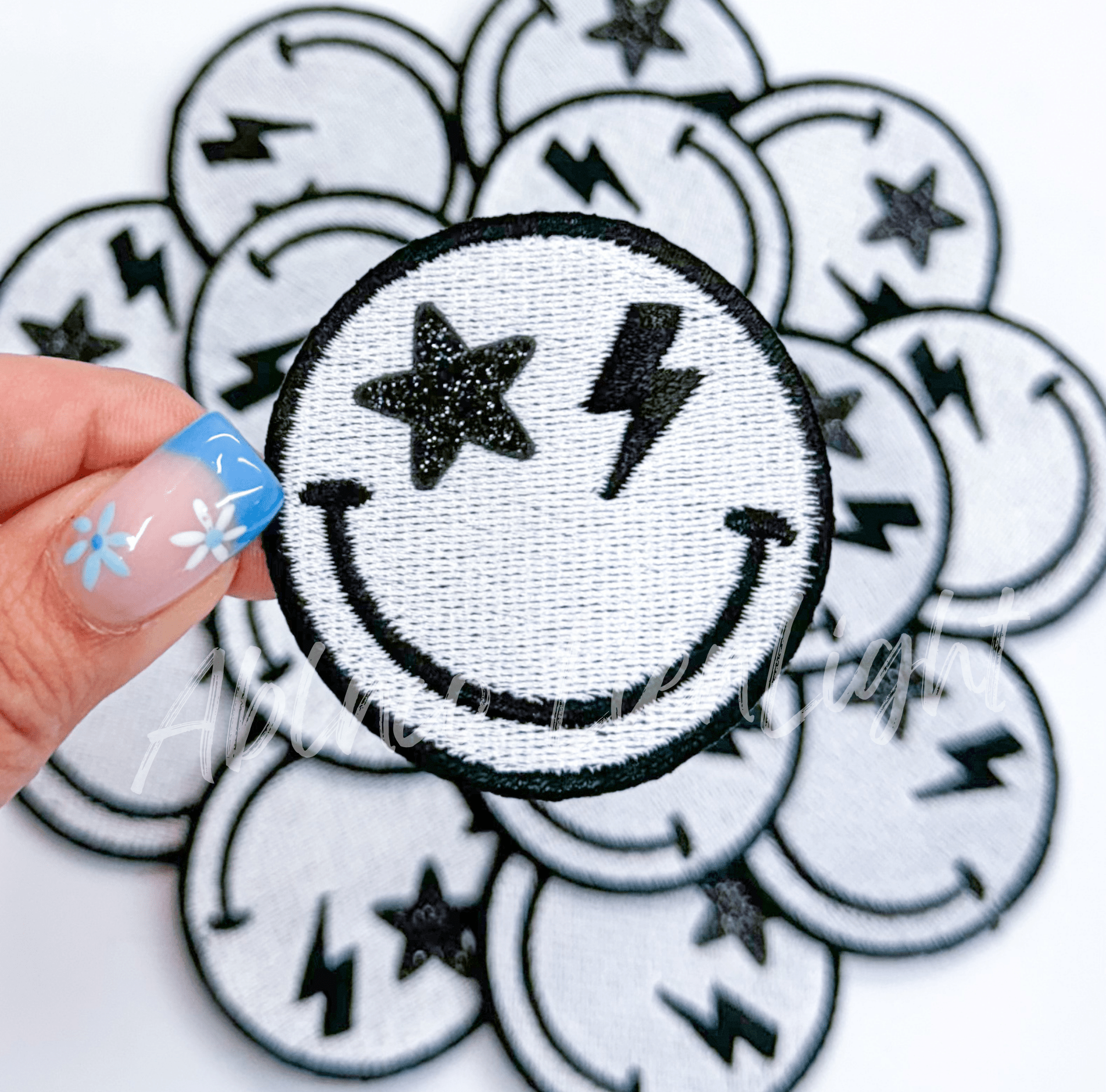 Black glitter star bolt smiley face patch iron on - Bria Blair Creative