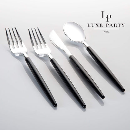 Black • Silver Plastic Cutlery Set | 32 Pieces - Bria Blair Creative