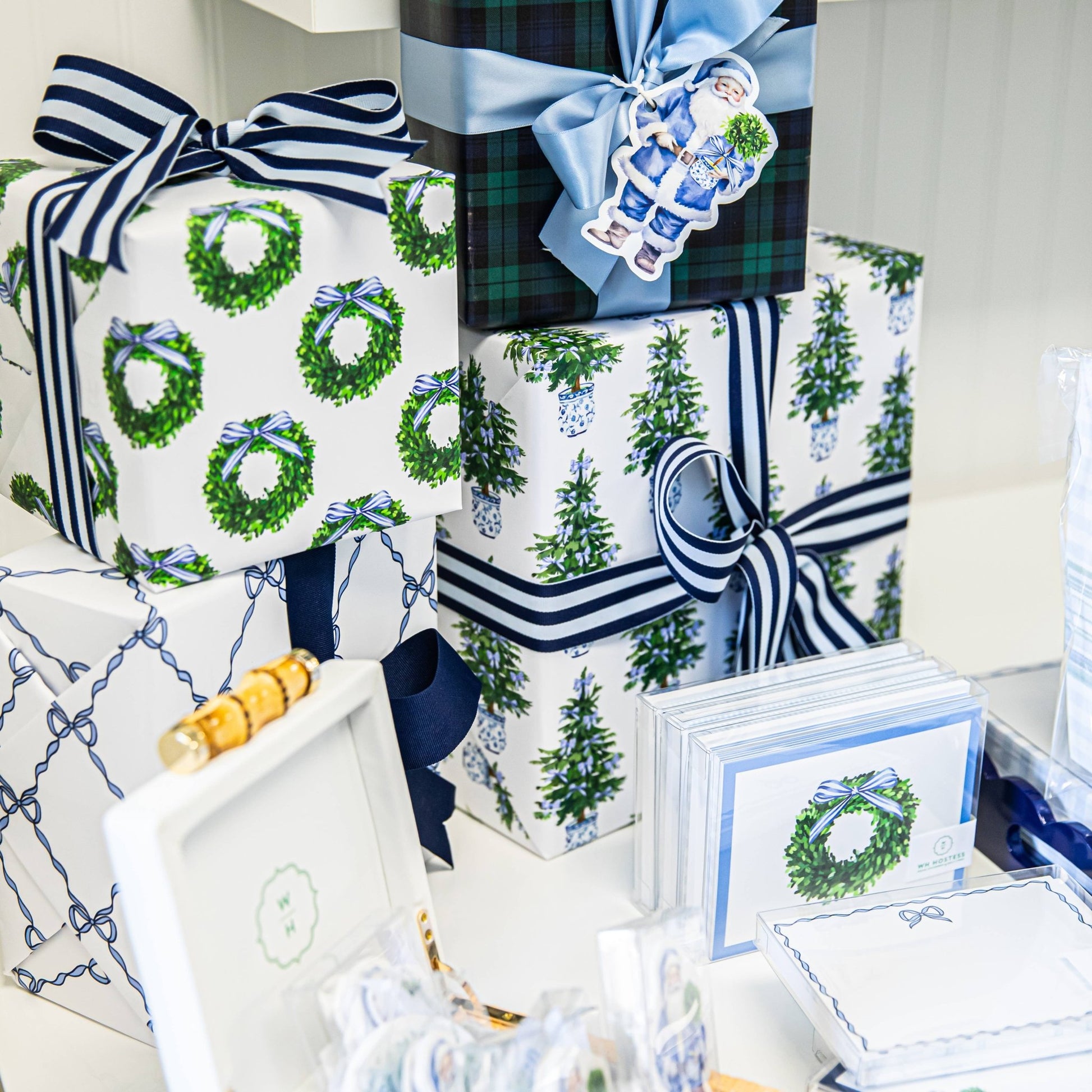 Blue Bows Christmas Trees Gift Wrap Sheets - Bria Blair Creative