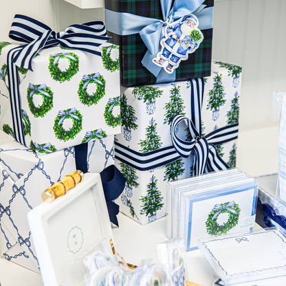 Blue Bows Christmas Trees Gift Wrap Sheets - Bria Blair Creative