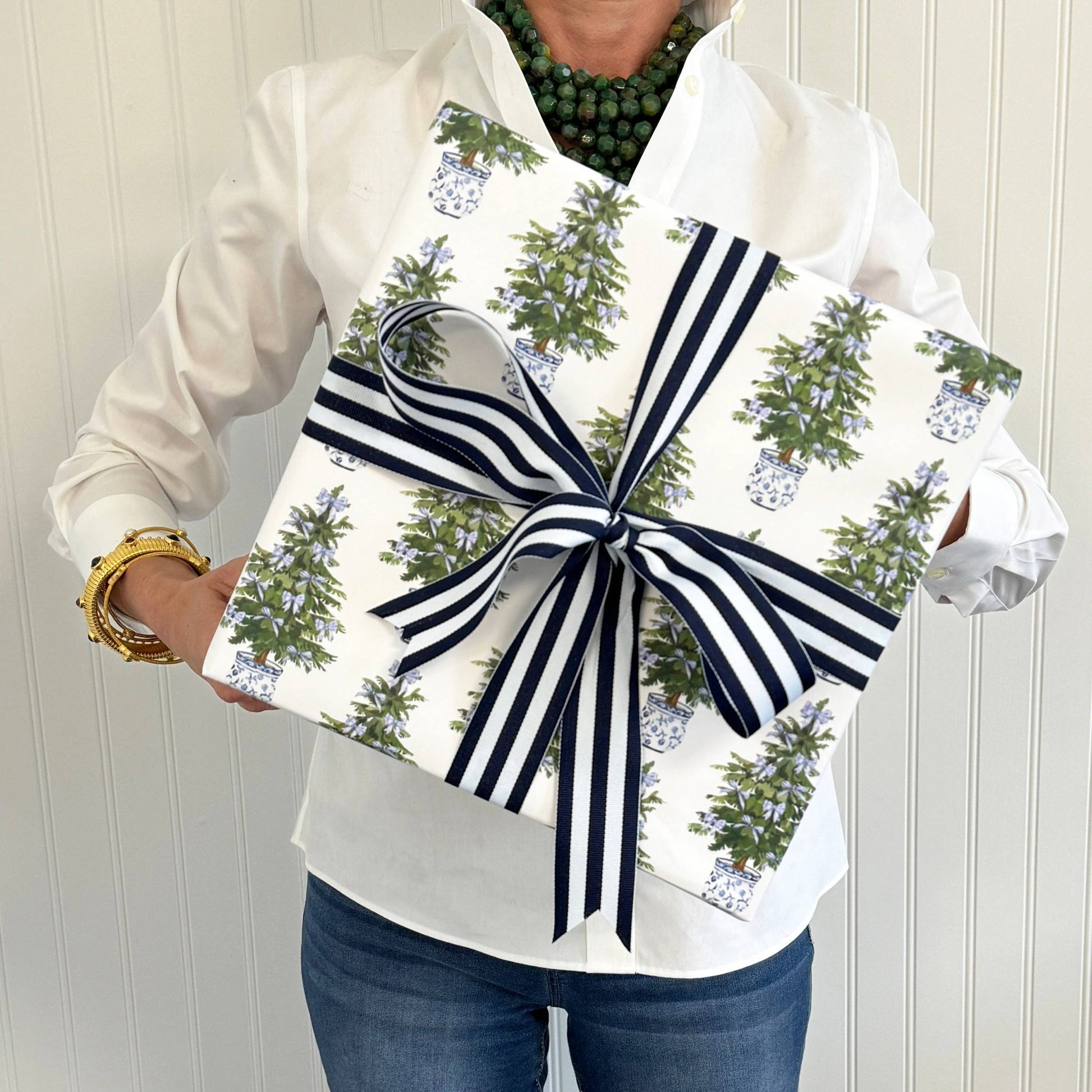 Blue Bows Christmas Trees Gift Wrap Sheets - Bria Blair Creative