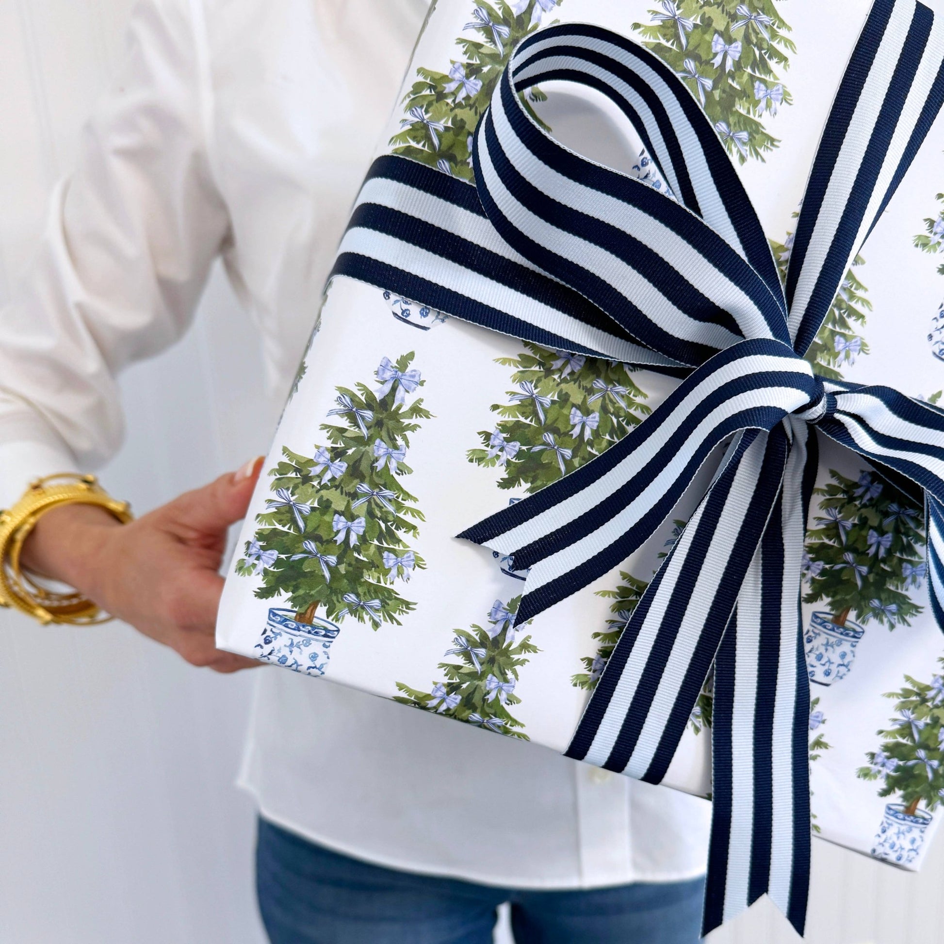 Blue Bows Christmas Trees Gift Wrap Sheets - Bria Blair Creative