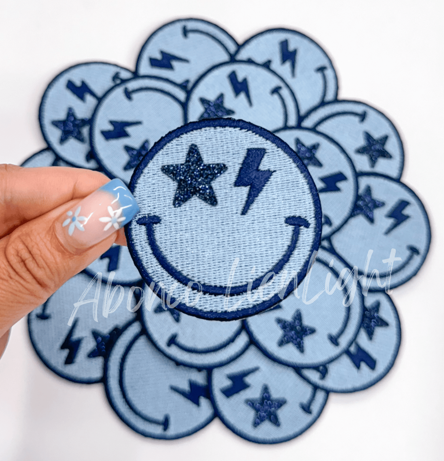 Blue glitter star bolt smiley face patch iron on - Bria Blair Creative