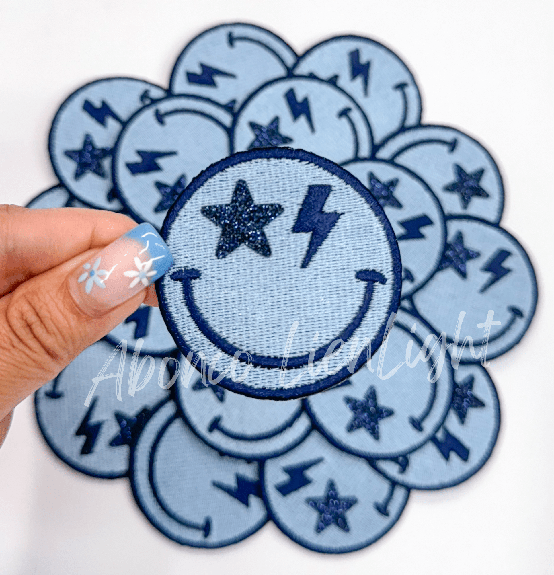 Blue glitter star bolt smiley face patch iron on - Bria Blair Creative
