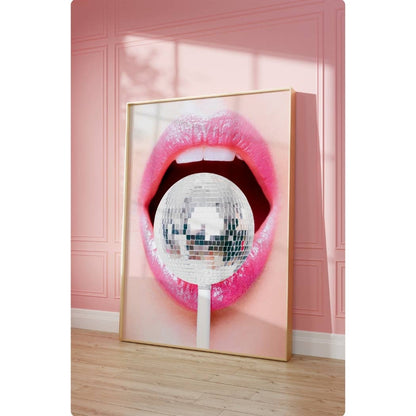 Disco Ball Lollipop Sexy Lips Hot Pink Wall Art Prints: 16"x20"