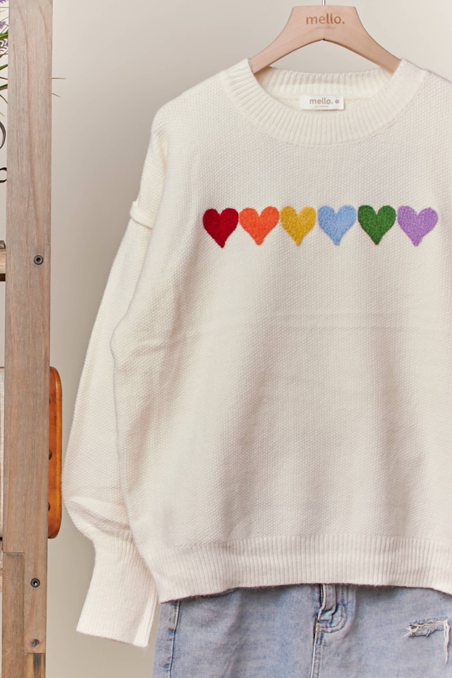 Rainbow Heart Shaped Patch Sweater: Ivory Multi / S