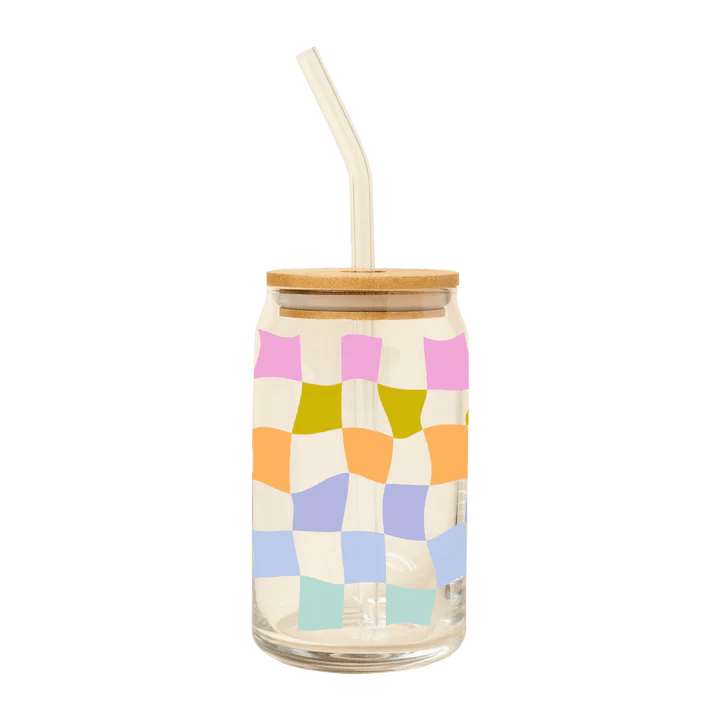 Can Glass w/ Lid + Straw - Carnval Check - Bria Blair Creative