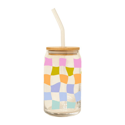 Can Glass w/ Lid + Straw - Carnval Check - Bria Blair Creative