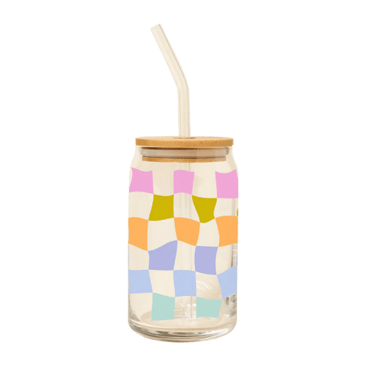 Can Glass w/ Lid + Straw - Carnval Check - Bria Blair Creative