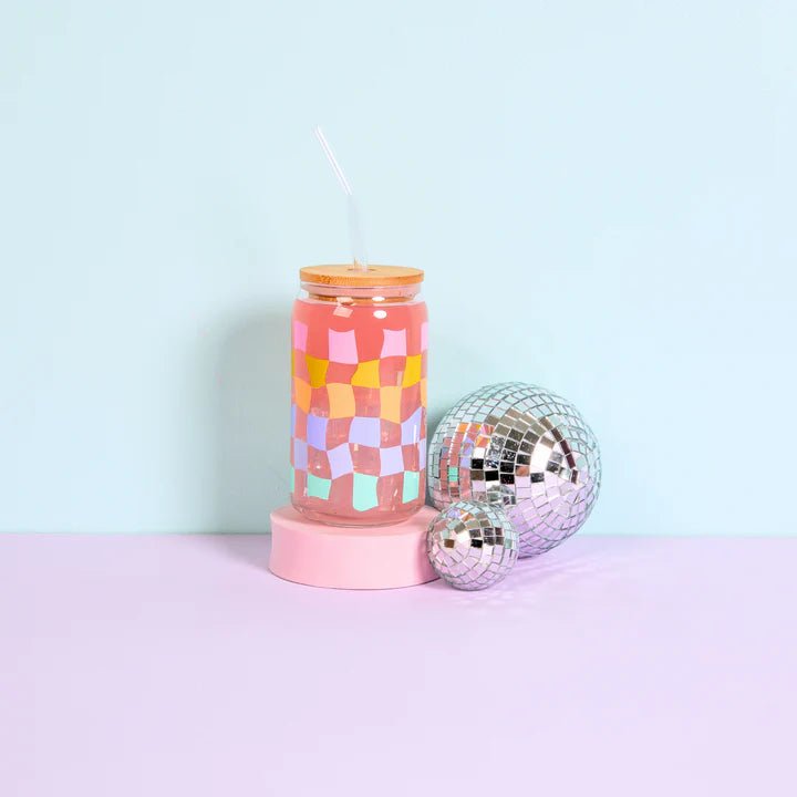 Can Glass w/ Lid + Straw - Carnval Check - Bria Blair Creative