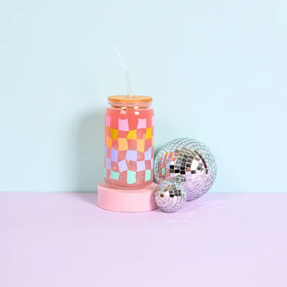 Can Glass w/ Lid + Straw - Carnval Check - Bria Blair Creative