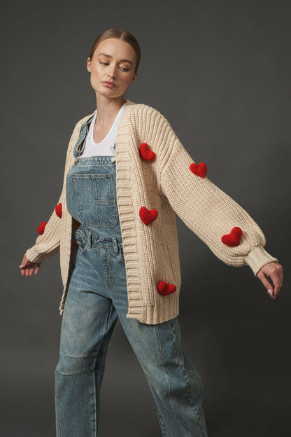 3D HEART CHUNKY CARDIGAN: BEIGE / S