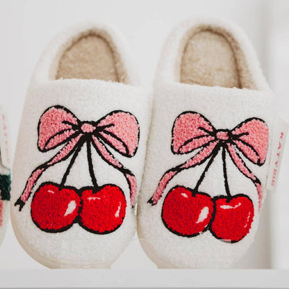 Cherry Bow Fuzzy Slippers For Women: White / S/M - Bria Blair Creative
