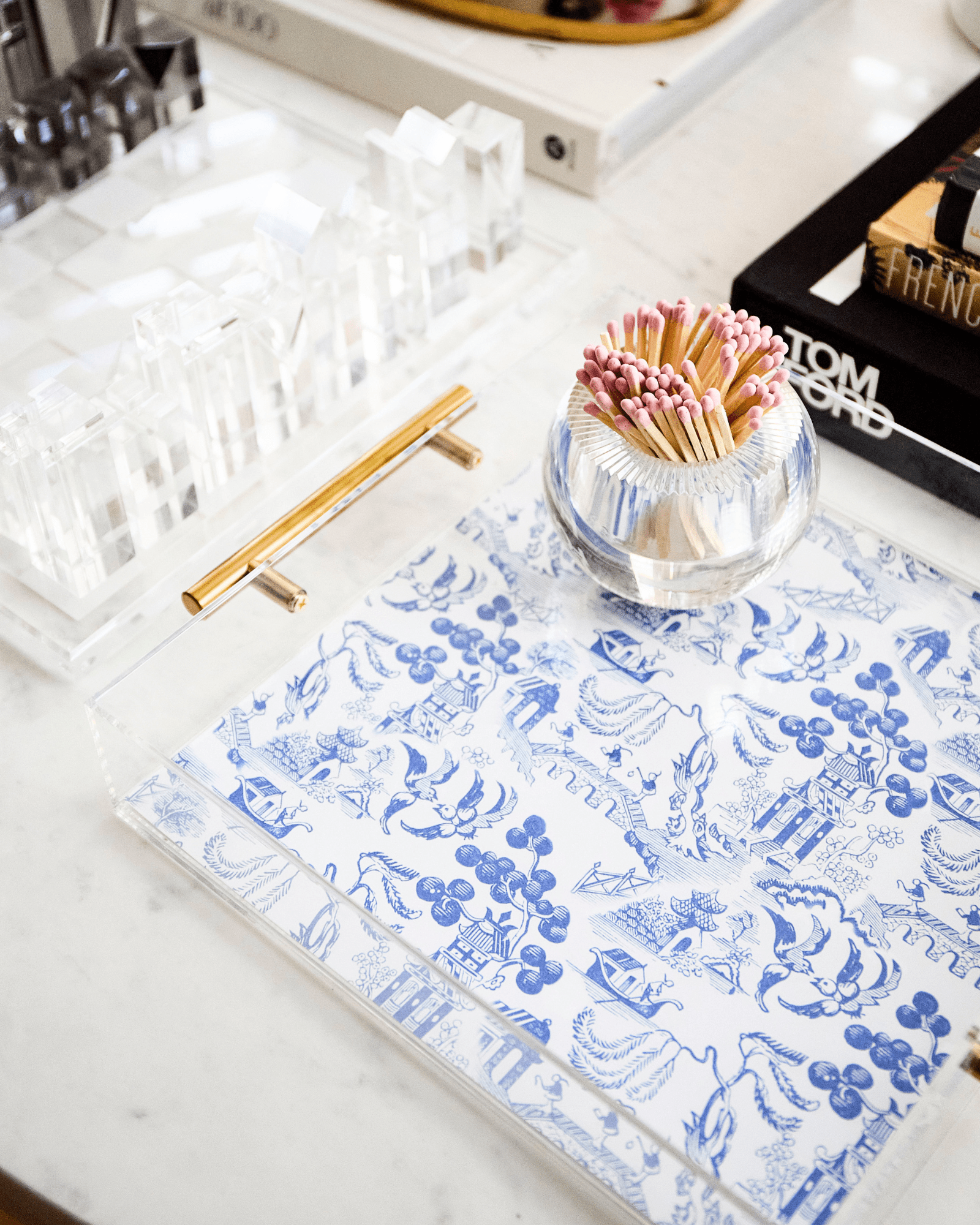 Chinoiserie Print Acrylic Tray With Gold Handles - Bria Blair Creative