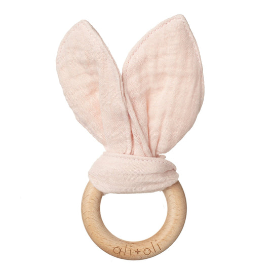 Crinkle Bunny Ears Wooden Ring Teething Toy for Baby (Pink) - Bria Blair Creative