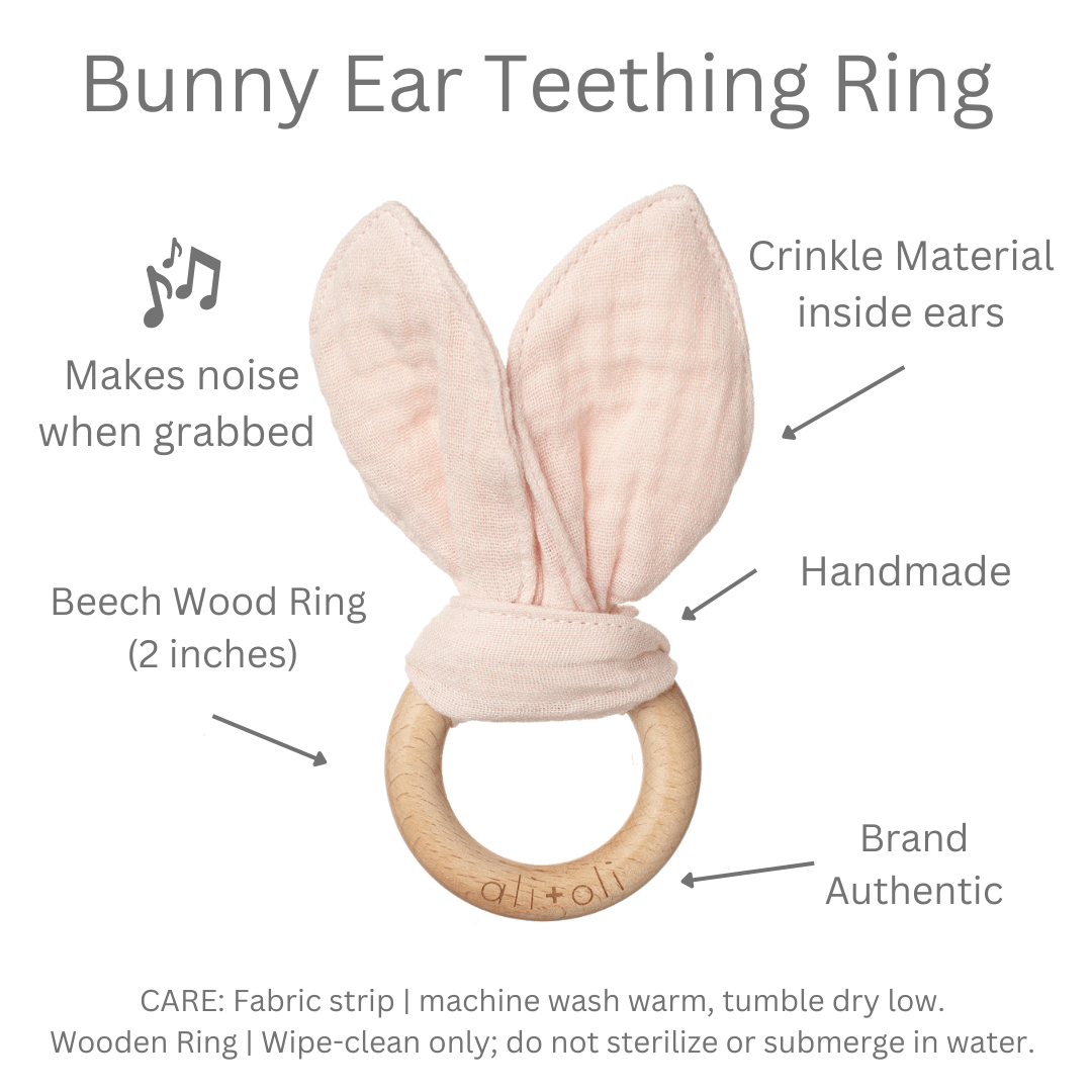 Crinkle Bunny Ears Wooden Ring Teething Toy for Baby (Pink) - Bria Blair Creative