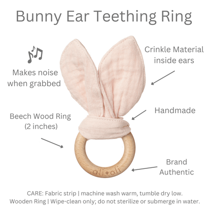 Crinkle Bunny Ears Wooden Ring Teething Toy for Baby (Pink) - Bria Blair Creative