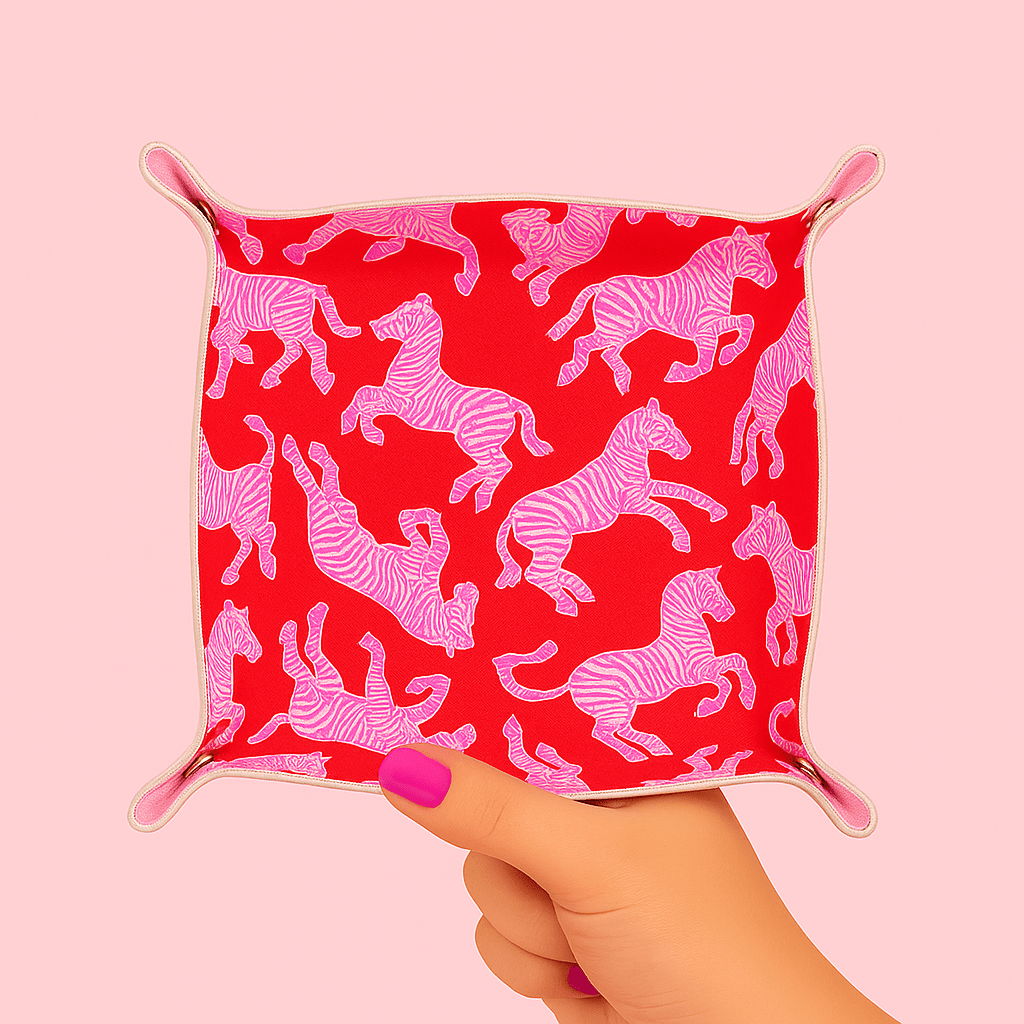 Cute trinket gift tray catchall | leather pink & red zebra - Bria Blair Creative