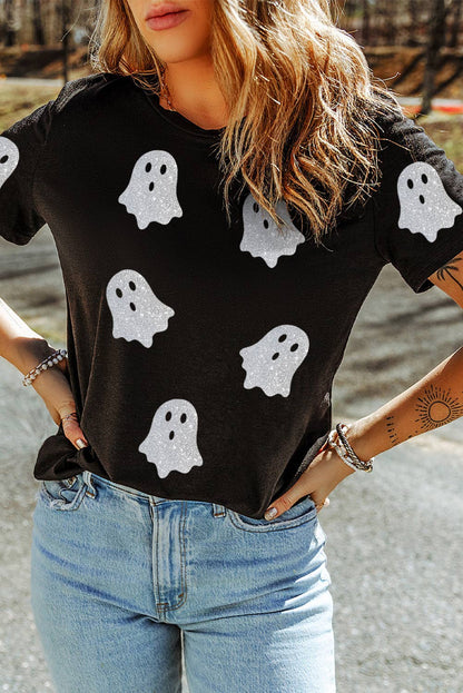 LDC Glitter Ghost Pattern Crew Neck Halloween Graphic Shirt: Black / L