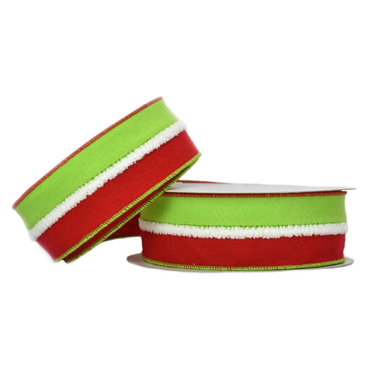 RED AND LIME RIBBON CENTERED W/FUZZY WHITE TRIM 2.5x10yd