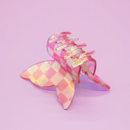 Medium Iridescent Checkered Butterfly Hair Claw Clip: Black