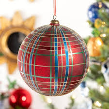 6" Hand Painted Plaid Glass Ball Ornament