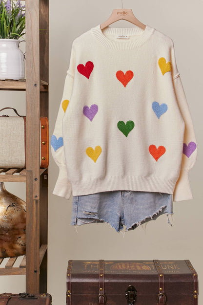 Heart Shaped Patterns Front Round Neck Sweater: Cream / L