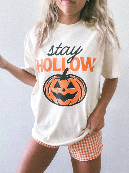 Stay Hollow Pumpkin Halloween Trendy Graphic Tee | Ivory: S