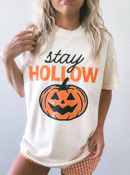 Stay Hollow Pumpkin Halloween Trendy Graphic Tee | Ivory: S