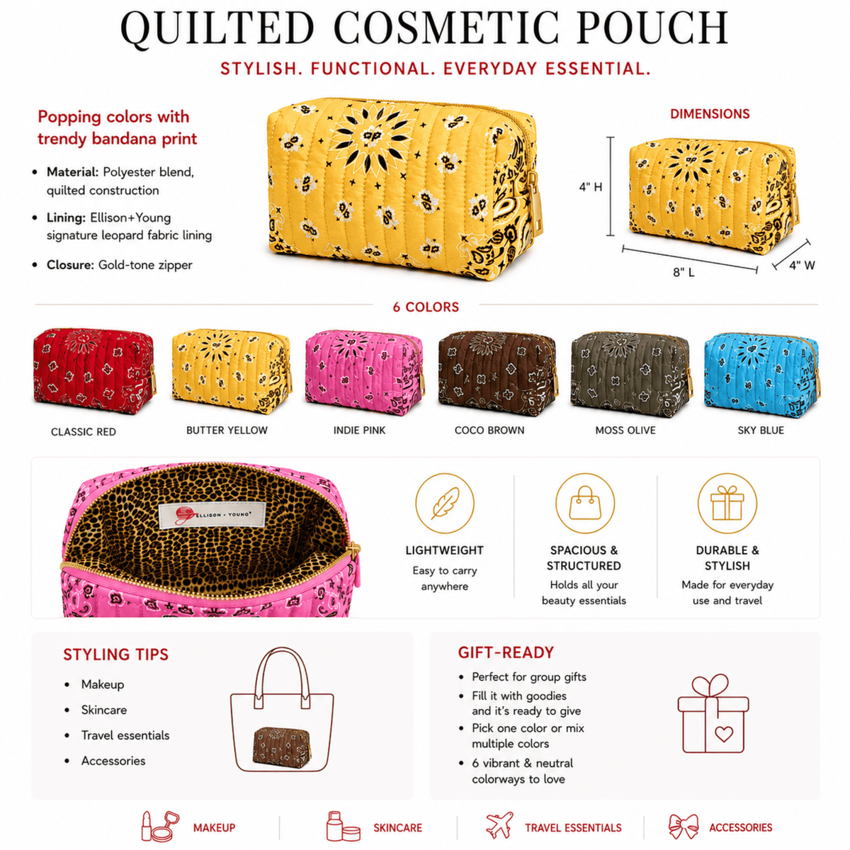 Ellison+Young Bandana Cosmetic Case, Everyday Travel Pouch: Coco Brown - Bria Blair Creative