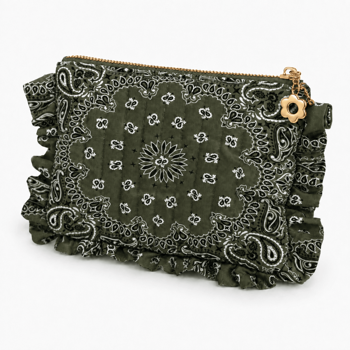 Ellison+Young Bandana Ruffle Everything Pouch, Quilted Cosmetic Case: Moss Olive - Bria Blair Creative