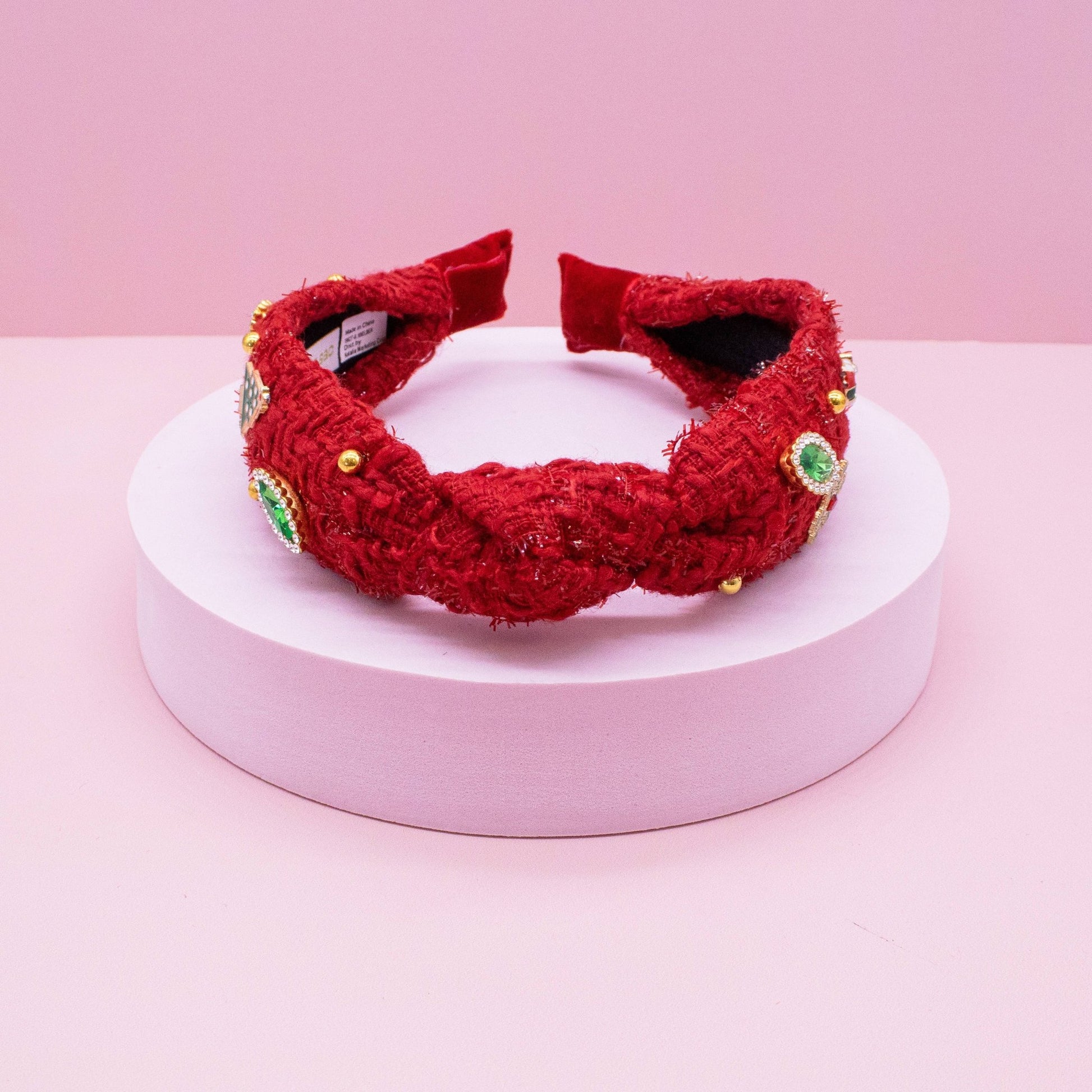 Embellished Christmas Knot Headband - Tweed Rhinestone Pearl - Bria Blair Creative