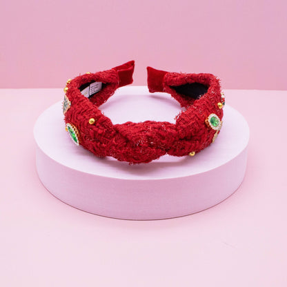 Embellished Christmas Knot Headband - Tweed Rhinestone Pearl - Bria Blair Creative
