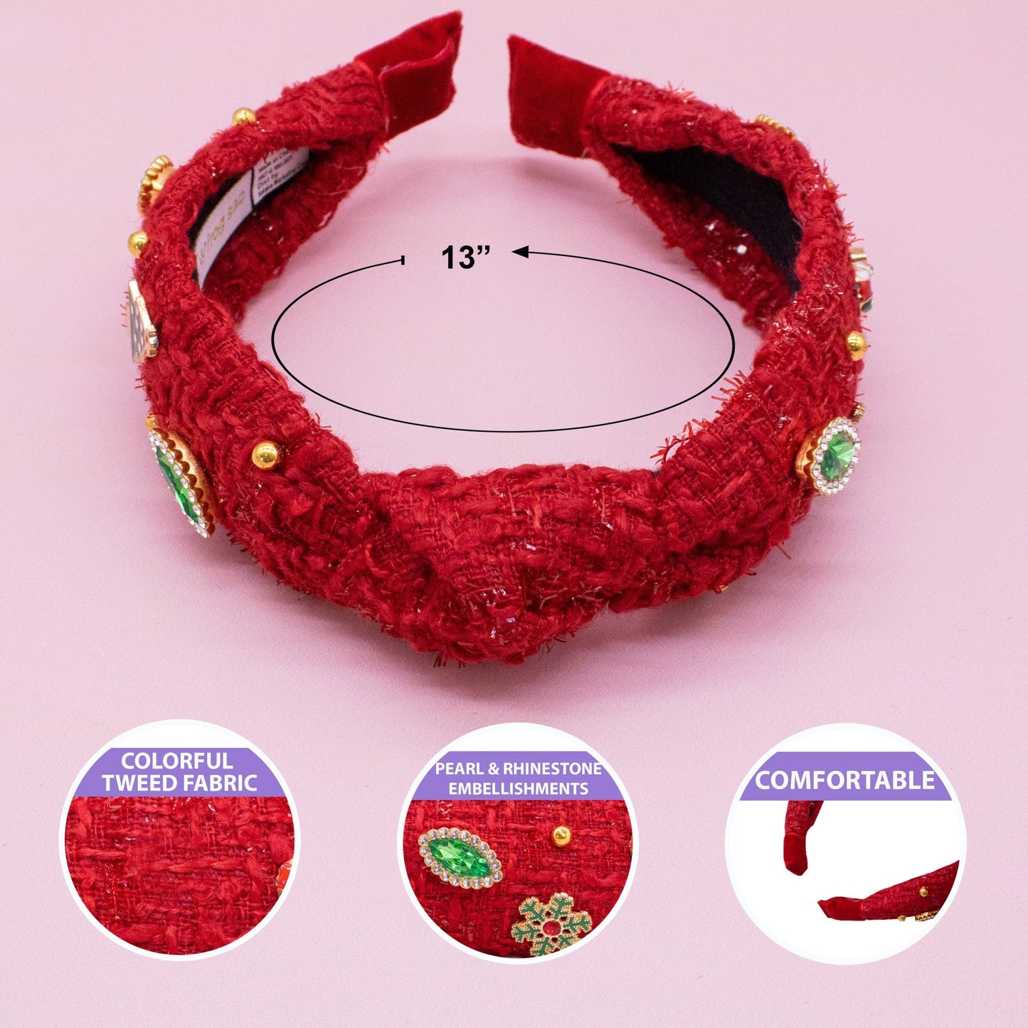Embellished Christmas Knot Headband - Tweed Rhinestone Pearl - Bria Blair Creative