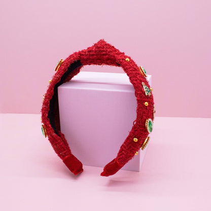 Embellished Christmas Knot Headband - Tweed Rhinestone Pearl - Bria Blair Creative