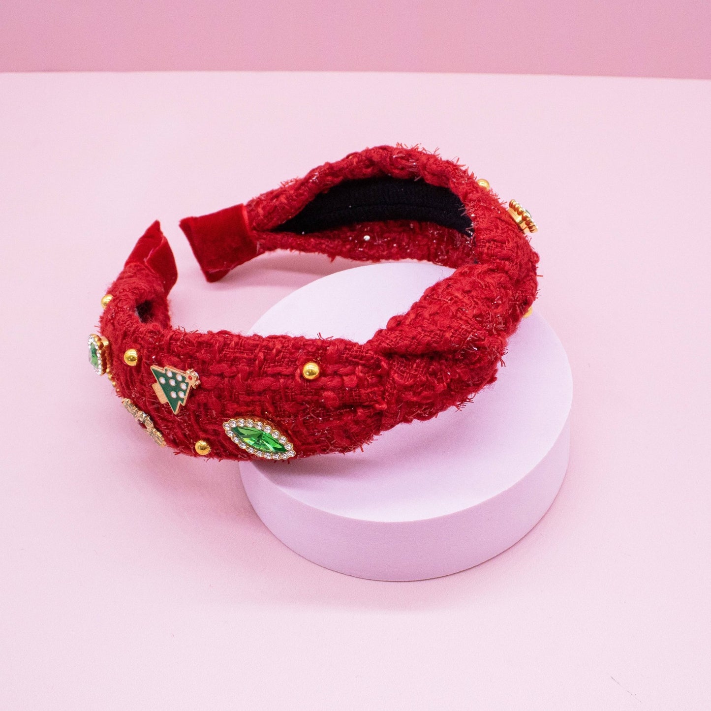 Embellished Christmas Knot Headband - Tweed Rhinestone Pearl - Bria Blair Creative