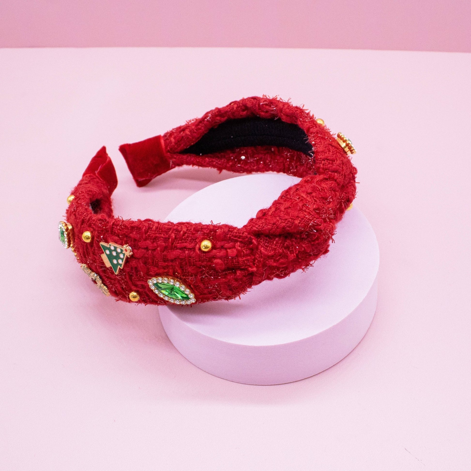 Embellished Christmas Knot Headband - Tweed Rhinestone Pearl - Bria Blair Creative