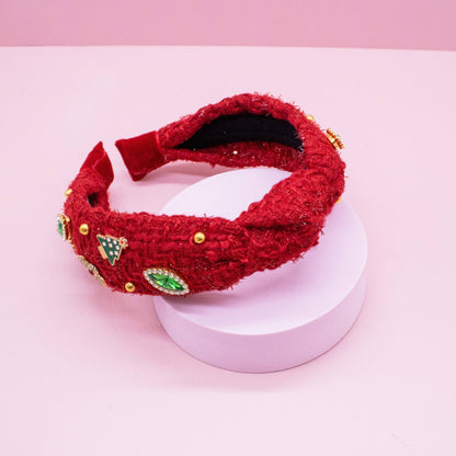 Embellished Christmas Knot Headband - Tweed Rhinestone Pearl - Bria Blair Creative