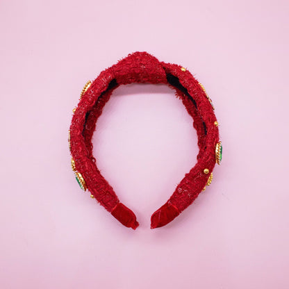 Embellished Christmas Knot Headband - Tweed Rhinestone Pearl - Bria Blair Creative