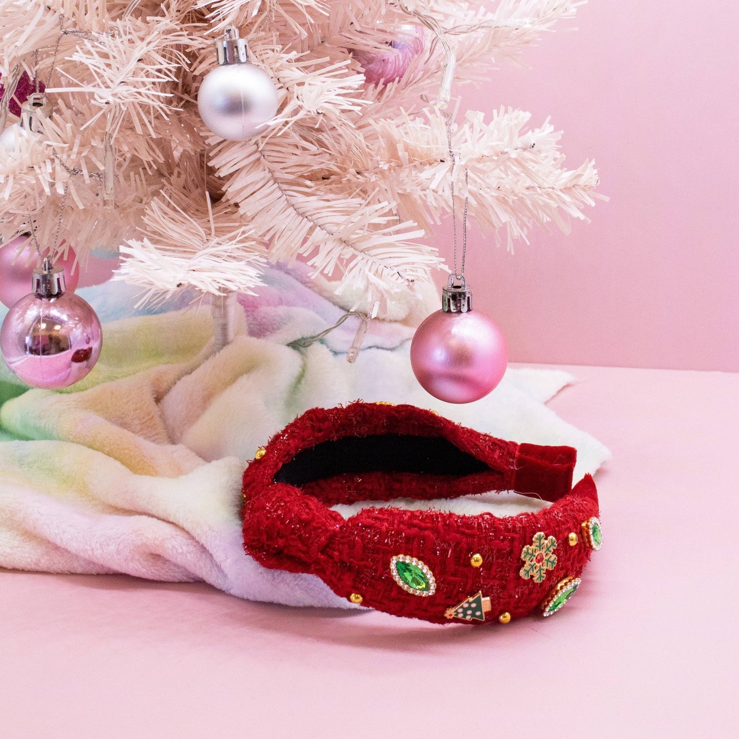 Embellished Christmas Knot Headband - Tweed Rhinestone Pearl - Bria Blair Creative