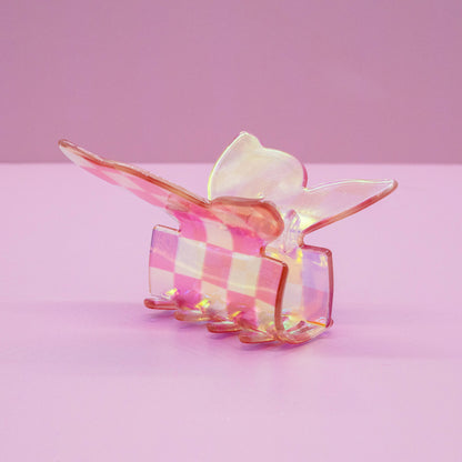 Medium Iridescent Checkered Butterfly Hair Claw Clip: Black