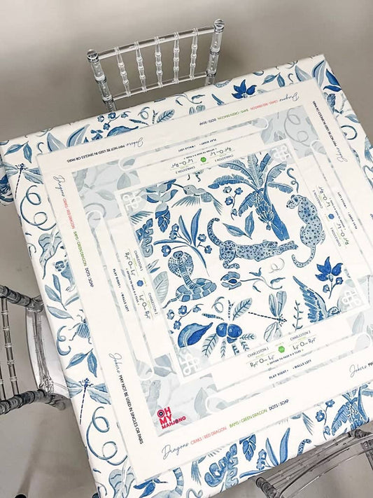 Blue Instructional Mahjong Tablecloth