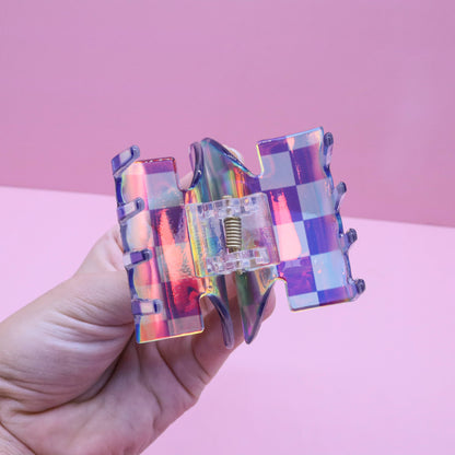 Medium Iridescent Checkered Butterfly Hair Claw Clip: Black