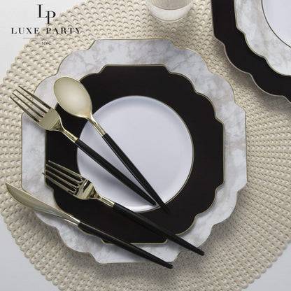 Scalloped Black • Gold Plastic Plates | 10 Pack: 10 Plastic Plates / 10.7" Dinner Plates